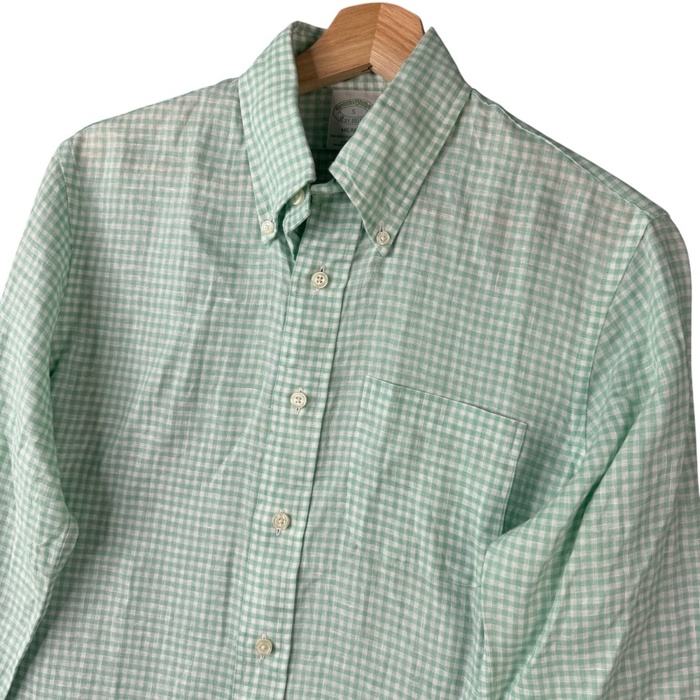 Brooks Brothers Milano Slim Baird McNutt Irish Linen Gingham Shirt Small Green